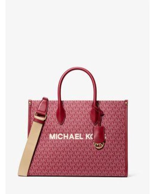 Michael Kors Pink Mirella Medium Metallic Signature Logo Tote Bag