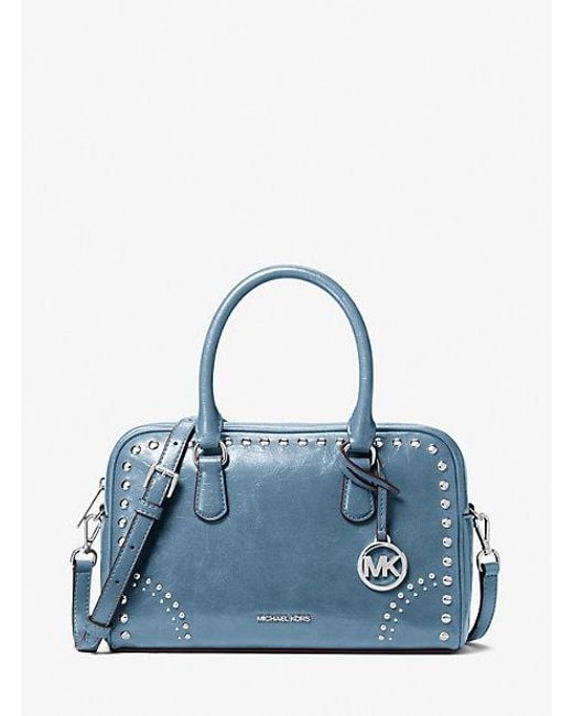 Michael Kors Blue Thompson Medium Distressed Studded Satchel