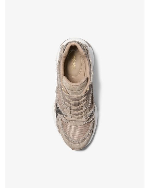 MICHAEL Michael Kors White Mk Zuma Embellished Frayed Mixed-Media Trainer