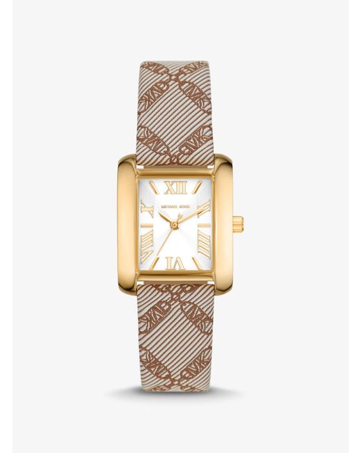 Michael Kors White Mini Emery Gold-tone And Empire Logo Jacquard Watch