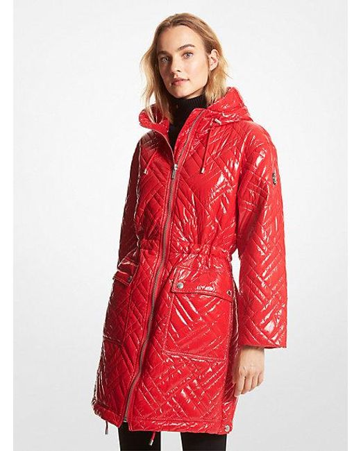 Michael Kors Red Quilted Ciré Nylon Puffer Coat