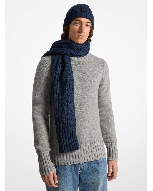 Michael Kors Blue Mk Cable-Knit Beanie Hat And Scarf Set for men