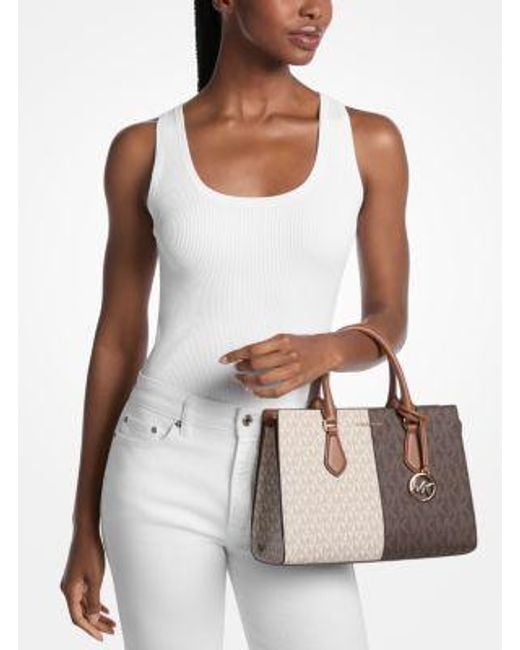 Michael Kors Natural Sheila Medium Two-Tone Metallic Signature Logo Satchel