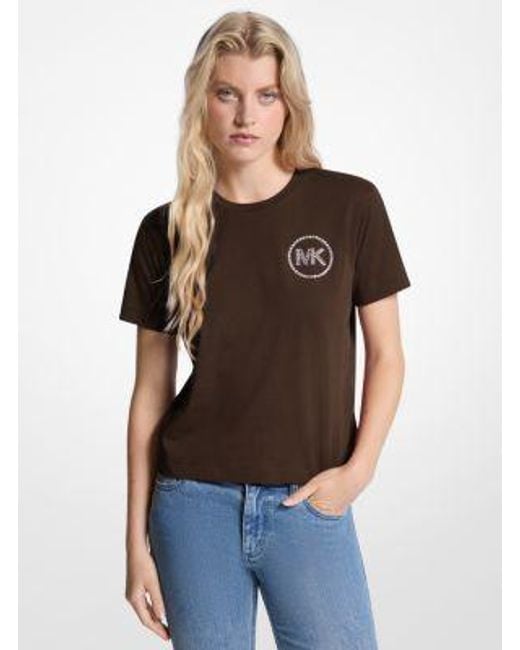 Michael Kors Brown Embellished Logo Organic Cotton T-Shirt