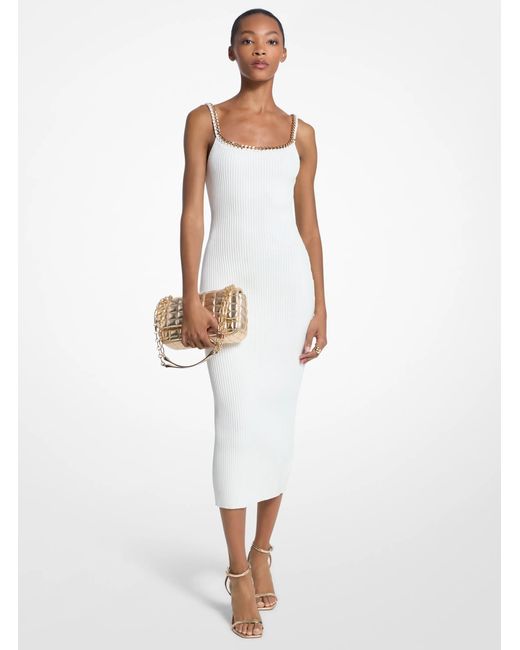 MICHAEL Michael Kors White Mk Chain Ribbed Stretch Knit Midi Dress