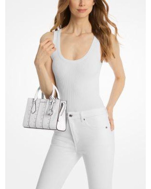 Michael Kors White Sheila Small Studded Patchwork And Signature Logo Satchel