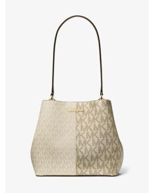 Michael Kors Natural Pratt Medium Two-Tone Metallic Signature Logo Shoulder Bag