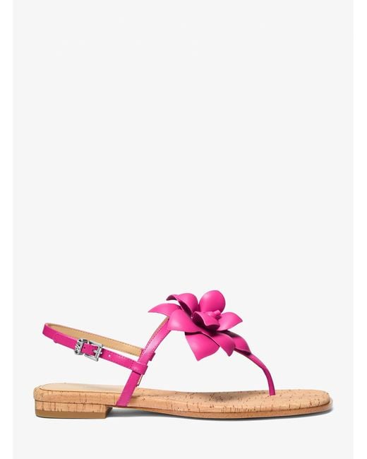 Michael Kors Pink Mk Jacie Floral Embellished Leather T-Strap Sandal