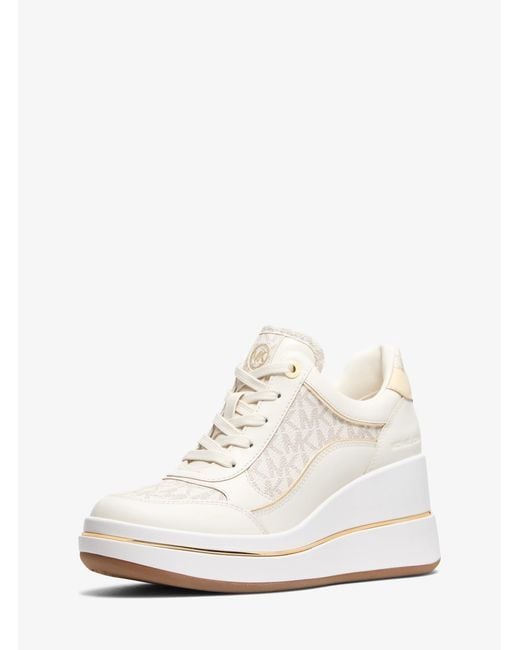 Michael Kors White Mk Emmy Signature Logo And Leather Wedge Trainer