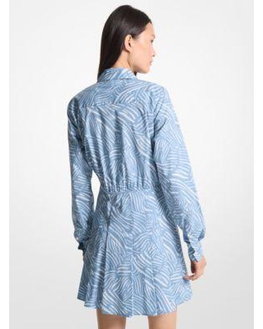 Michael Kors Blue Mk Zebra Print Stretch Cotton Poplin Shirtdress