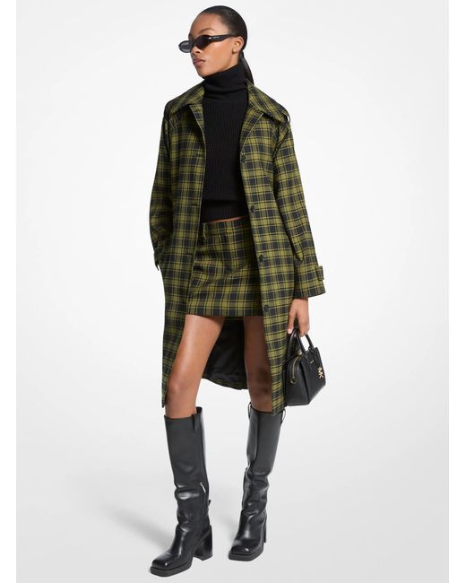 MICHAEL Michael Kors Green Mk Plaid Stretch Wool Belted Balmacaan Coat