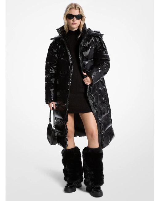 MICHAEL Michael Kors Black Mk Faux Fur Trim Nylon Ciré Puffer Coat