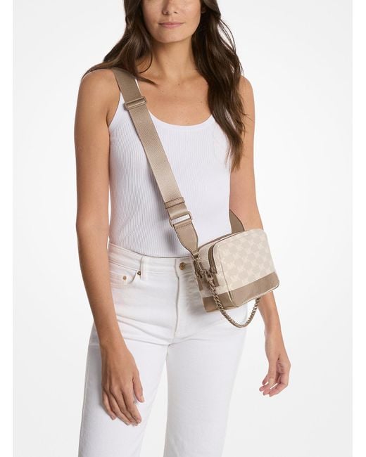 Michael Kors Natural Bryant Medium Two-Tone Logo Jacquard And Leather Camera Crossbody Bag