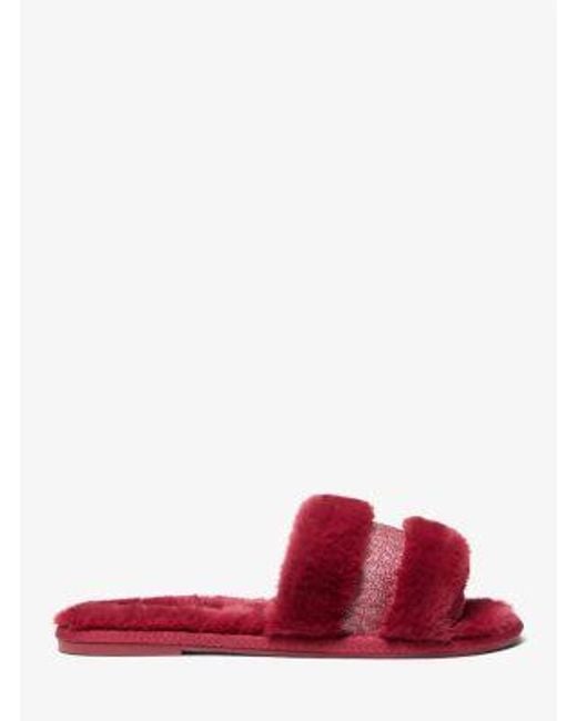 Michael Kors Red Alexis Faux Fur And Metallic Signature Logo Slide Sandal