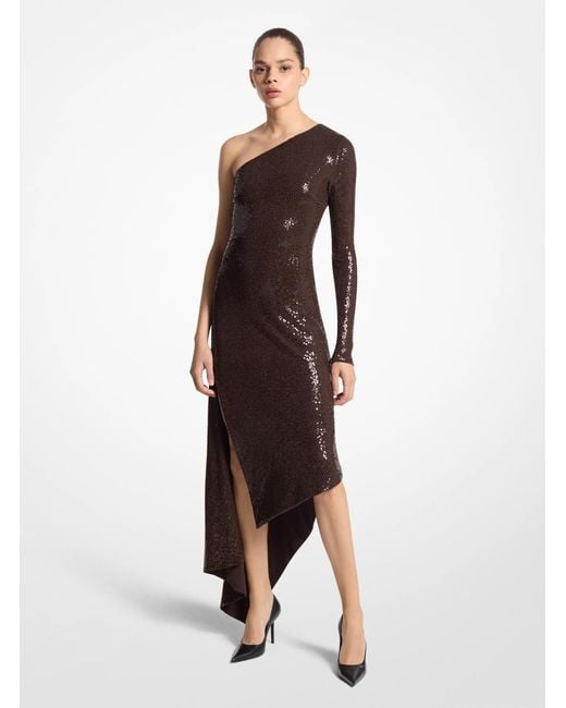 Michael Kors Brown Mk Sequined Stretch Matte Jersey Gown