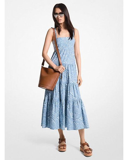Michael Kors Blue Zebra Print Stretch Organic Cotton Poplin Dress