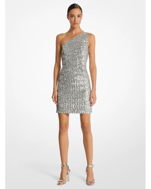 Michael Kors White Mk Sequined Stretch Tulle One-Shoulder Dress