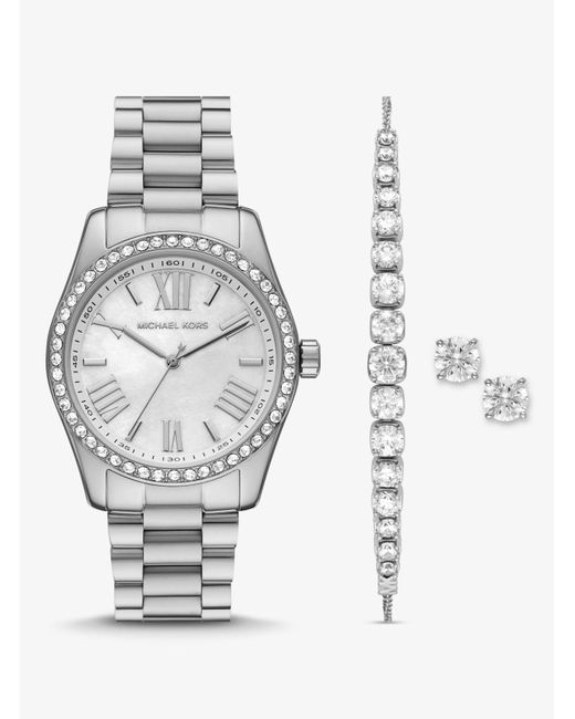 Coffret montre Lexington et bracelet argentés avec pierres pavées Michael Kors en coloris White