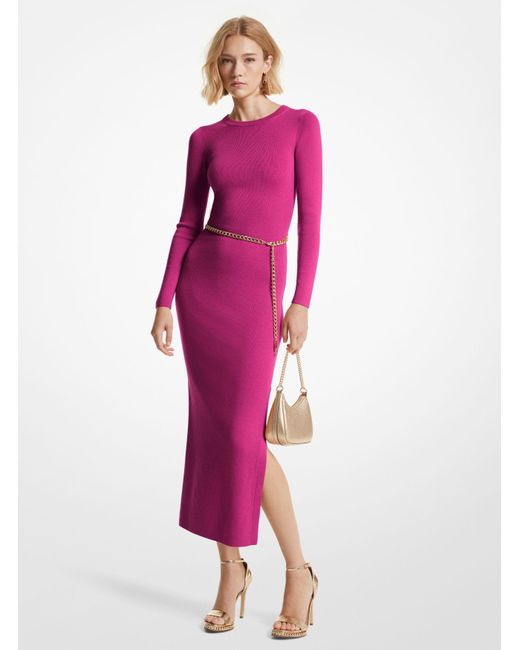 Vestido midi de mezcla de lana con cinturón Michael Kors de color Pink