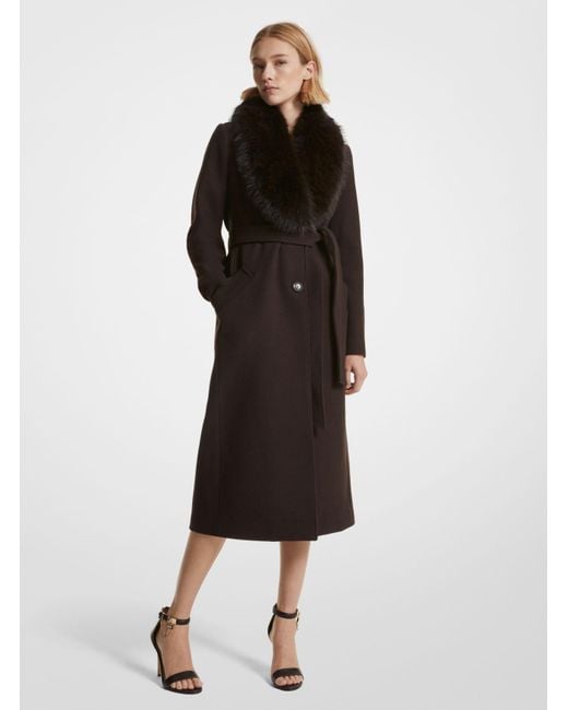 Michael Kors Black Mk Faux Fur Trim Wool Blend Coat
