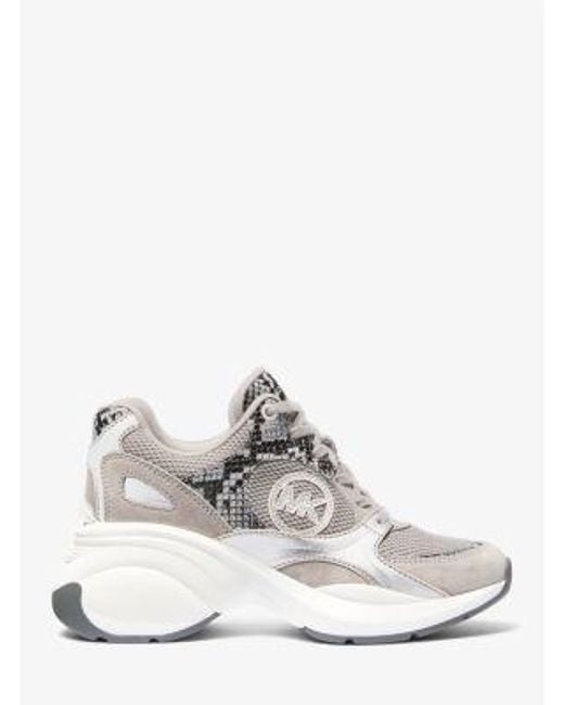 Michael Kors White Zuma Snake Embossed Leather And Mesh Trainer