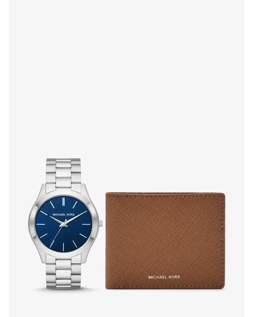 Michael Kors Blue Mk Oversized Slim Runway-Tone Watch And Saffiano Leather Wallet