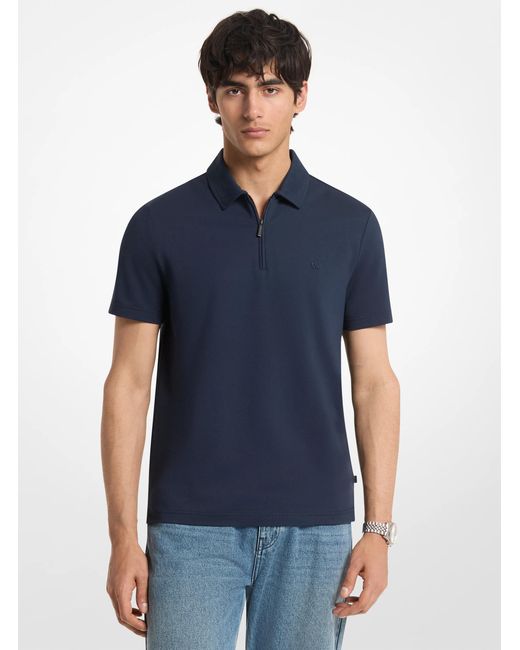 Michael Kors Blue Mk Cotton Blend Piqué Zip-Up Polo Shirt for men