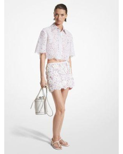 Michael Kors White Mk Hand-Embroidered Floral Lace Skirt