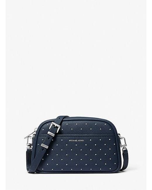 Michael Kors Blue Jet Set Small Studded Pebbled Leather Camera Crossbody Bag
