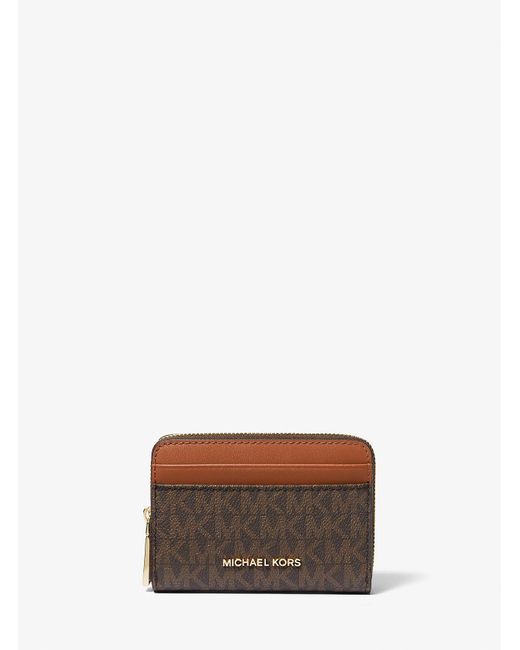 Mk Porta Carte Di Credito Zip-Around Jet Set Piccolo Con Logo di MICHAEL Michael Kors in Brown