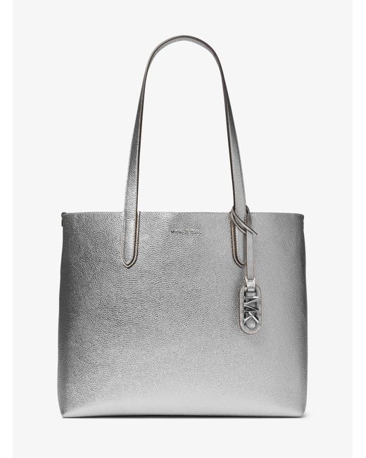 Michael Kors Gray Mk Eliza Extra-Large Metallic Pebbled Leather Reversible Tote Bag