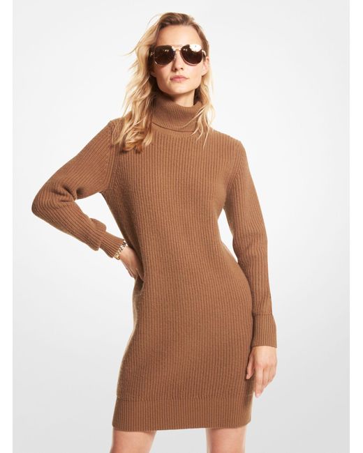 Michael Kors Ribbed Wool And Cashmere Blend Turtleneck Sweater Dress in  Brown | Lyst