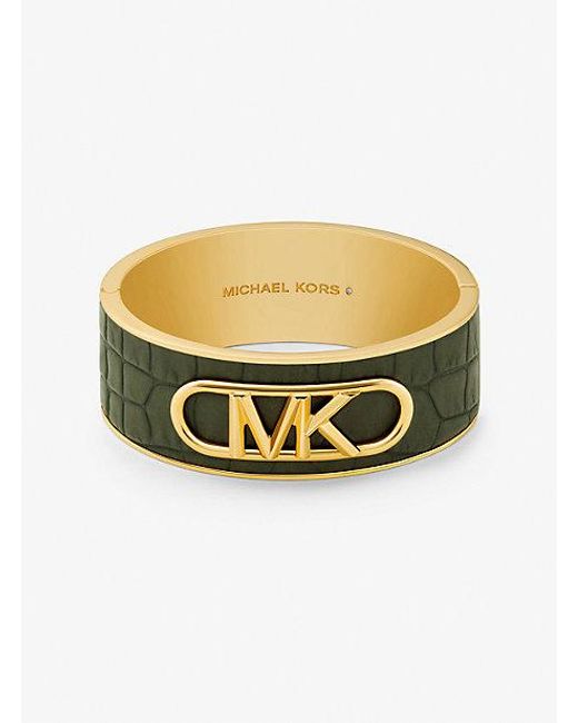 Michael Kors Green Precious Metal-plated Brass And Crocodile Embossed Empire Logo Bangle