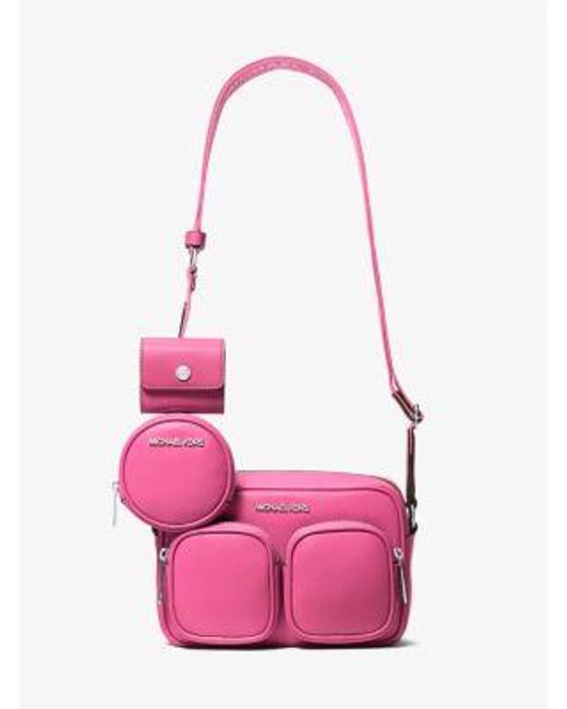 Michael Kors Pink Jet Set Leather Medium Crossbody Bag With Case For Apple Airpods Pro