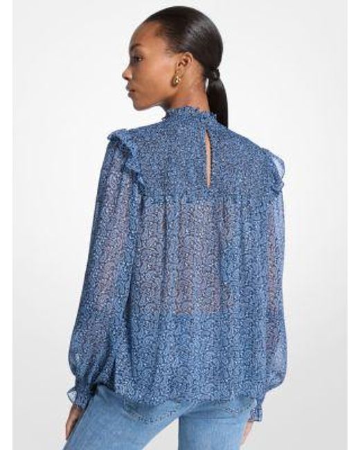 MICHAEL Michael Kors Blue Metallic Paisley Print Smocked Georgette Blouse
