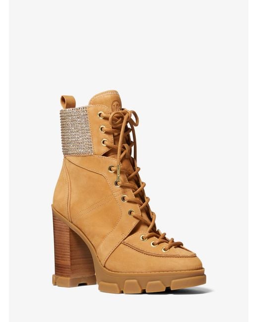 Michael Kors Brown Ridley Embellished Nubuck Lace-up Boot