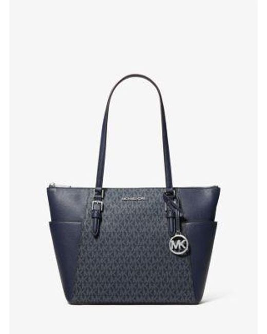 Michael Kors Blue Charlotte Large Logo And Leather Top-Zip Tote Bag