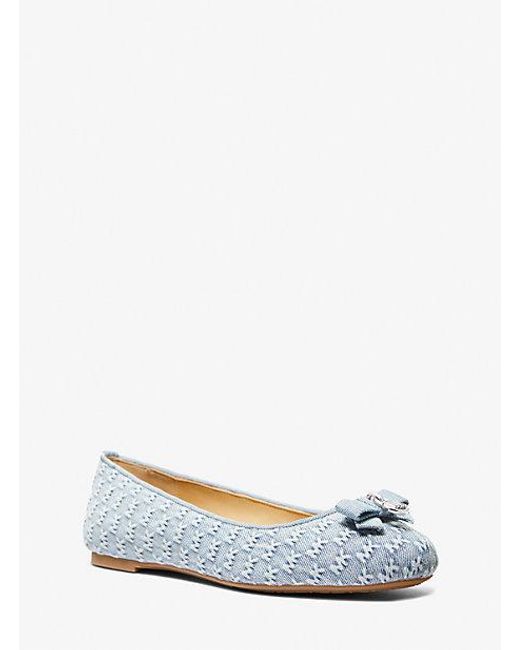 Michael Kors White Honey Logo Embossed Washed Denim Ballet Flat