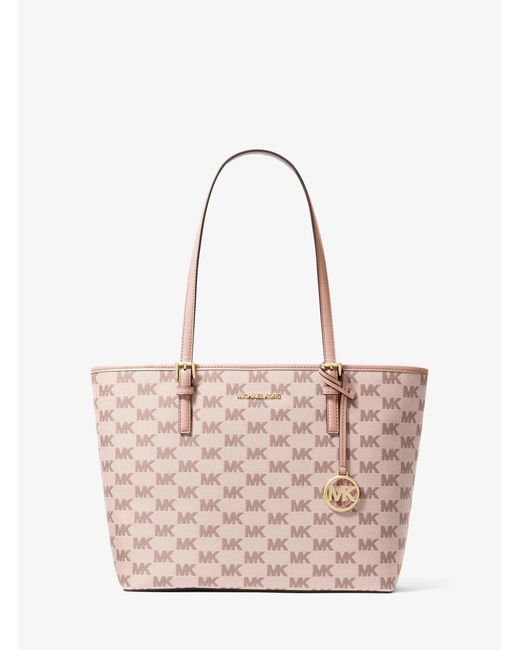 Michael Kors Outlet Pink Mk Jet Set Medium Logo Jacquard Tote Bag