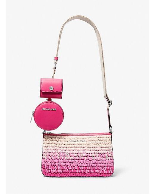 Michael Kors Pink Jet Set Small Ombré Straw Crossbody Bag With Case For Apple Airpods Pro