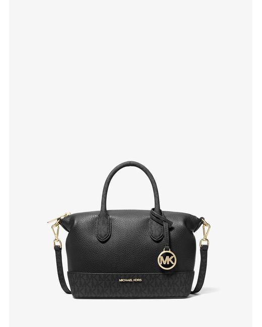Michael Kors Outlet Black Mk Hyde Small Pebbled And Signature Logo Satchel