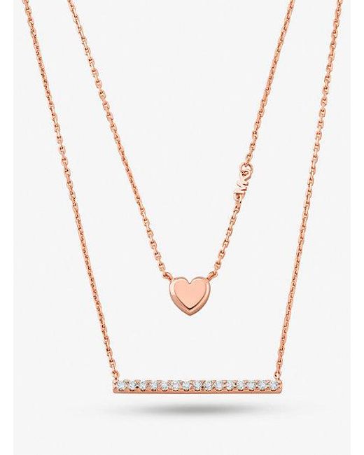 Michael Kors White Mk Precious Metal-Plated Sterling Double Heart And Pavé Bar Necklace