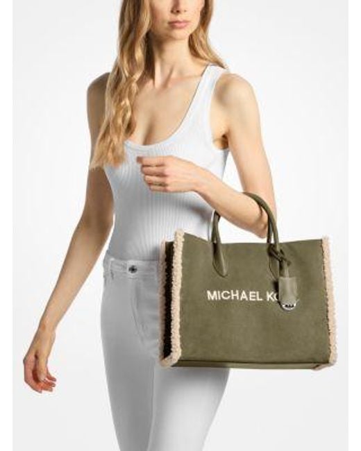 Michael Kors Green Mirella Medium Suede And Faux Shearling Tote Bag