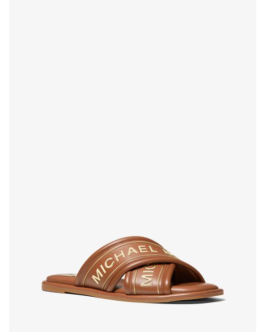 Michael Kors Gideon Embellished Faux Leather Slide Sandal in Brown