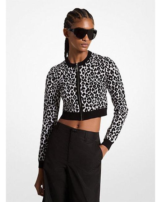Michael Kors Black Leopard Jacquard Knit Zip Cardigan