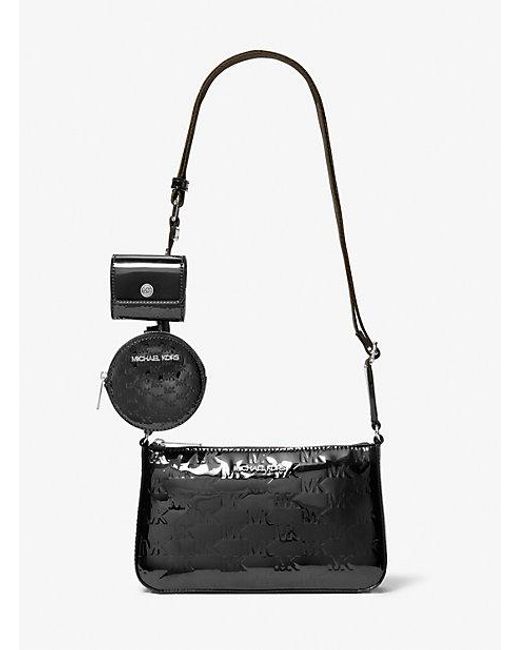 Michael Kors White Jet Set Small Patent Logo Debossed Crossbody Bag With Case For Apple Airpods Pro