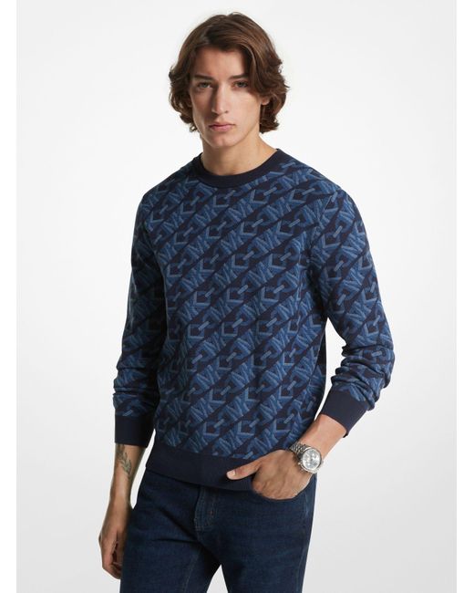 Michael Kors Blue Empire Signature Logo Jacquard Merino Wool Sweater for men