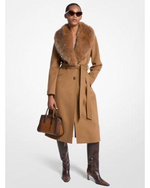 Michael Kors Brown Faux Fur Trim Wool Blend Coat