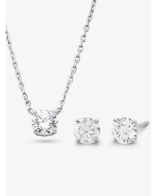 Michael Kors White Precious Metal Plated Sterling Silver Cubic Zirconia Necklace And Stud Earrings Set
