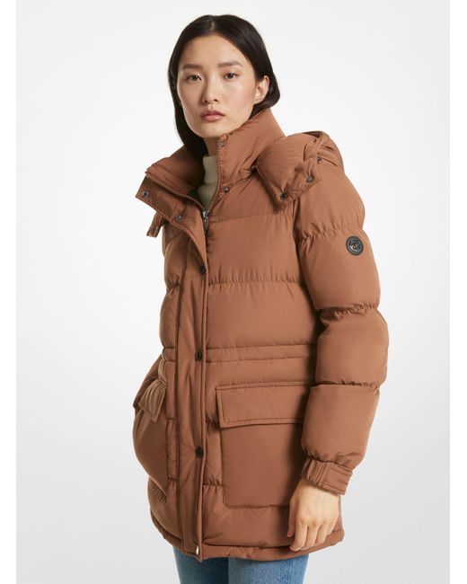 Michael Kors Brown Quilted Woven Cinched-waist Puffer Jacket